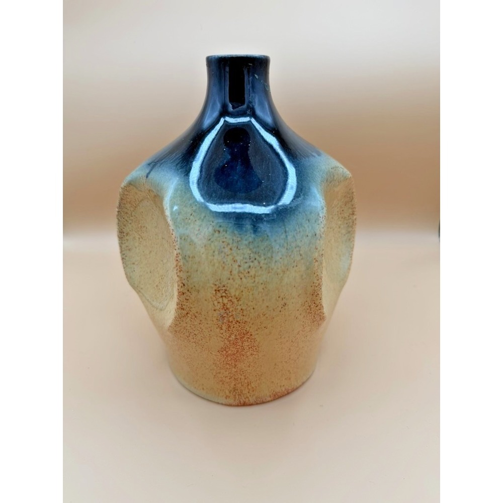 Signed Studio Art Pottery Faceted Bottle Vase Blue Tan Glaze 8.5" Mid Century